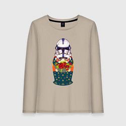 Лонгслив хлопковый женский Матрешка в шлеме штурмовика звездные войны, цвет: миндальный