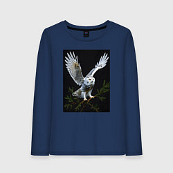 Лонгслив хлопковый женский Белая сова на дереве, цвет: тёмно-синий