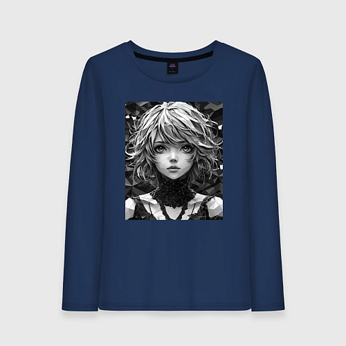 Женский лонгслив Аниме портрет девушки в черно-белом цвете / Тёмно-синий – фото 1