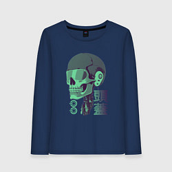 Лонгслив хлопковый женский Скелет киборг в стиле VHS, цвет: тёмно-синий