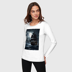 Лонгслив хлопковый женский Пиратский корабль в шторм, цвет: белый — фото 2