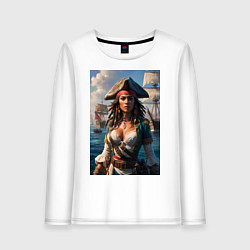 Лонгслив хлопковый женский Пиратка на фона флотилии кораблей, цвет: белый