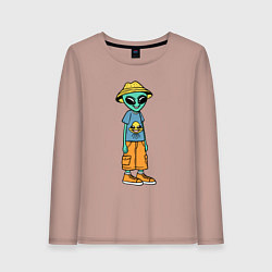 Лонгслив хлопковый женский Инопланетянин в шляпе, цвет: пыльно-розовый