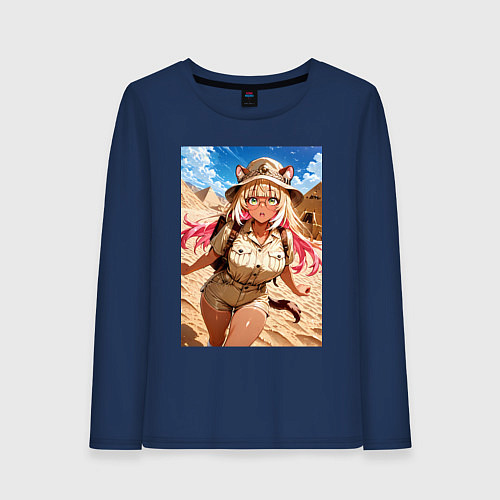 Женский лонгслив Лиса-археолог исследователь пирамид / Тёмно-синий – фото 1