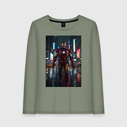 Лонгслив хлопковый женский Железный человек посреди ночного города, цвет: авокадо