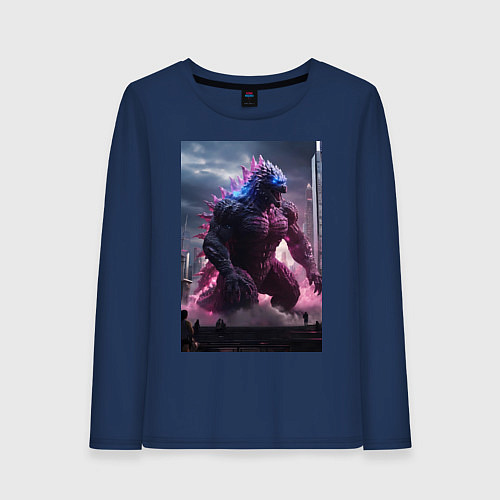 Женский лонгслив Годзилла посреди мегаполиса / Тёмно-синий – фото 1