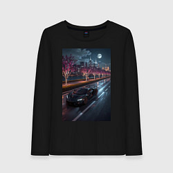 Лонгслив хлопковый женский Черный суперкар едет к мегаполису, цвет: черный