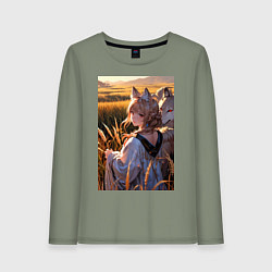 Лонгслив хлопковый женский Девушка-волчица посреди поля пшеницы, цвет: авокадо