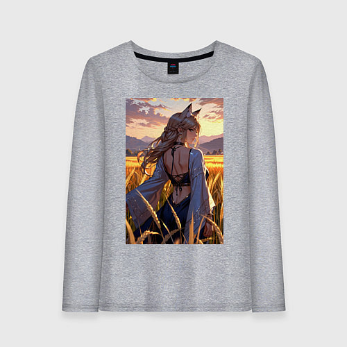 Женский лонгслив Девушка-волчица посреди поля пшеницы / Меланж – фото 1