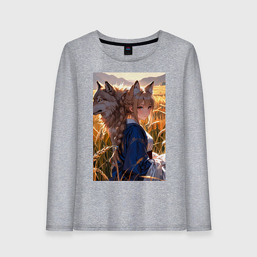 Женский лонгслив Девушка-волчица посреди поля пшеницы / Меланж – фото 1