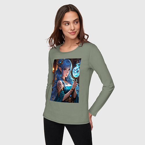 Женский лонгслив Прекрасная эльийка-маг с посохом / Авокадо – фото 3
