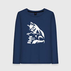 Лонгслив хлопковый женский Лиса - библиотекарь, цвет: тёмно-синий