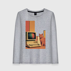 Женский лонгслив Рыжий кот сидит у старого компьютера ретро поп-арт