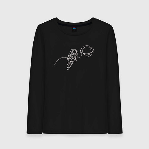 Женский лонгслив Космонавт рядом с планетой лайн арт / Черный – фото 1
