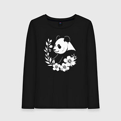 Лонгслив хлопковый женский Панда среди цветов, цвет: черный