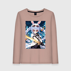 Лонгслив хлопковый женский Кролик в очках с мечем, цвет: пыльно-розовый