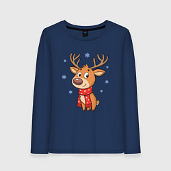 Лонгслив хлопковый женский Новогодний олень и снежинки, зима, цвет: тёмно-синий