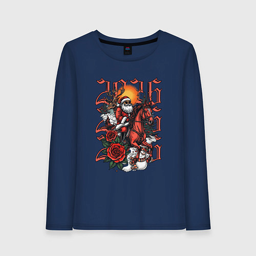 Женский лонгслив Дед Мороз на красном коне 2026 / Тёмно-синий – фото 1