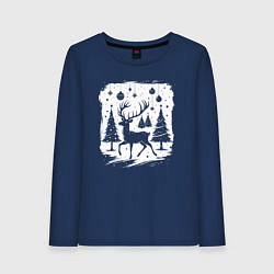 Лонгслив хлопковый женский Олень в новогоднем лесу, цвет: тёмно-синий