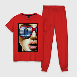 Пижама хлопковая женская Девушка в очках, цвет: красный