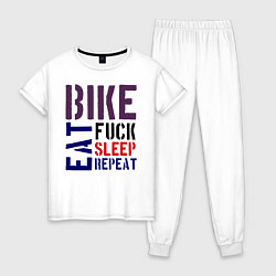 Пижама хлопковая женская Bike eat sleep repeat, цвет: белый