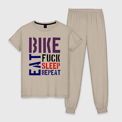 Пижама хлопковая женская Bike eat sleep repeat, цвет: миндальный