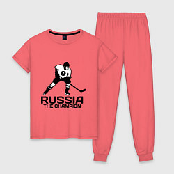 Пижама хлопковая женская Russia: Hockey Champion цвета коралловый — фото 1