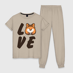 Пижама хлопковая женская Love Corgi, цвет: миндальный