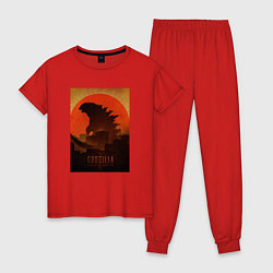 Пижама хлопковая женская Godzilla and red sun, цвет: красный