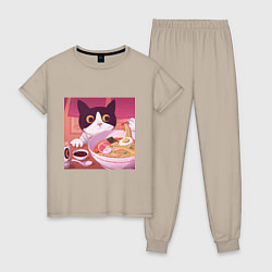 Пижама хлопковая женская Кот и лапша, цвет: миндальный
