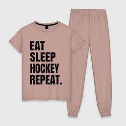 Пижама хлопковая женская EAT SLEEP HOCKEY REPEAT, цвет: пыльно-розовый