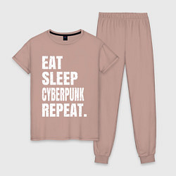 Пижама хлопковая женская EAT SLEEP CYBERPUNK REPEAT, цвет: пыльно-розовый