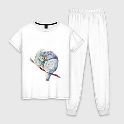 Пижама хлопковая женская Акварельные попугаи, цвет: белый