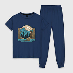 Пижама хлопковая женская Пейзаж дикого леса с медведем, цвет: тёмно-синий