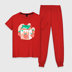 Пижама хлопковая женская Коробка персикового молока, цвет: красный