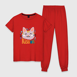 Пижама хлопковая женская Котик, цвет: красный