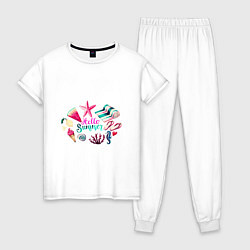 Пижама хлопковая женская Арбуз звезда полотенце сланцы, цвет: белый
