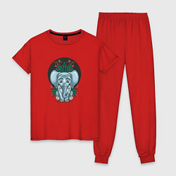 Пижама хлопковая женская Слон и цветы, цвет: красный