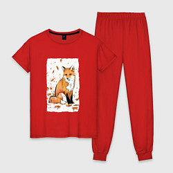 Пижама хлопковая женская ЛИСА В ЛИСТЬЯХ ОСЕННЕЕ НАСТРОНИЕ FOX IN THE FOREST, цвет: красный