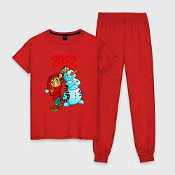 Пижама хлопковая женская Тигр и снеговик 2022, цвет: красный