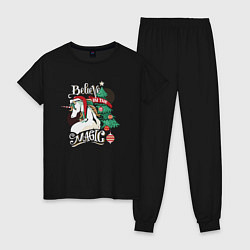 Пижама хлопковая женская Unicorn Belive in the magic, цвет: черный