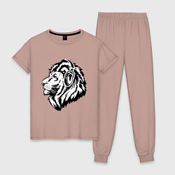 Пижама хлопковая женская Лев в наушниках, цвет: пыльно-розовый