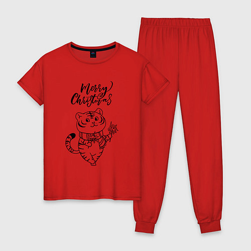 Женская пижама Merry Christmas Тигр с Огоньками / Красный – фото 1