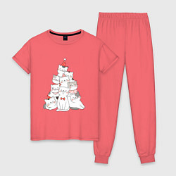 Пижама хлопковая женская НОВОГОДНЯЯ ЕЛКА ИЗ КОТОВ, цвет: коралловый
