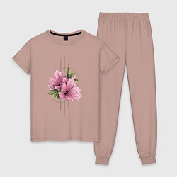Пижама хлопковая женская Акварельный розовой цветок, цвет: пыльно-розовый