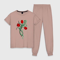Пижама хлопковая женская Красные тюльпаны, букет, цвет: пыльно-розовый