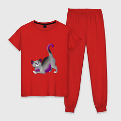Пижама хлопковая женская Игривая кошечка, цвет: красный