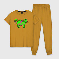 Пижама хлопковая женская Зеленый полосатый кот, цвет: горчичный
