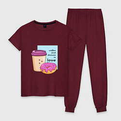 Пижама хлопковая женская Кофе и пончики - это любовь, цвет: меланж-бордовый