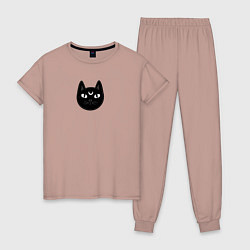 Пижама хлопковая женская Мистический чёрный кот с полумесяцем, цвет: пыльно-розовый